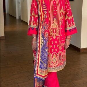 Vibrant Red & Gold Paisley Lawn Suit